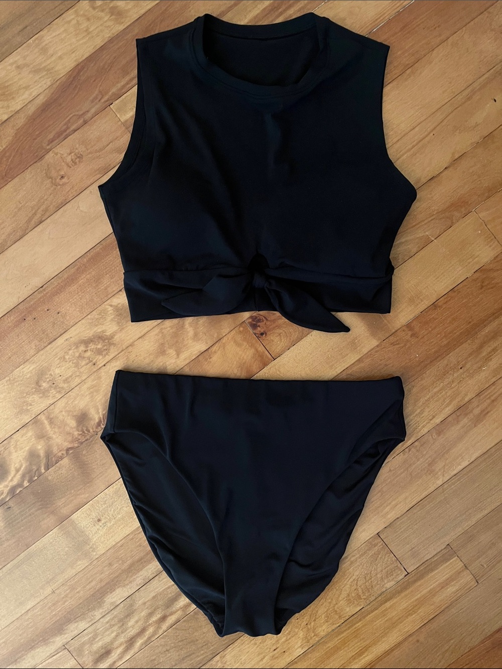 Robin Piccone Ava Tank Bikini Set Black Knot Tie Front High Waist Medium - Picture 2 of 4